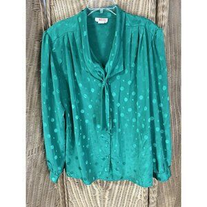 Vintage Women's 70's Blouse Christmas Green Sz38 Front Tie Secretary